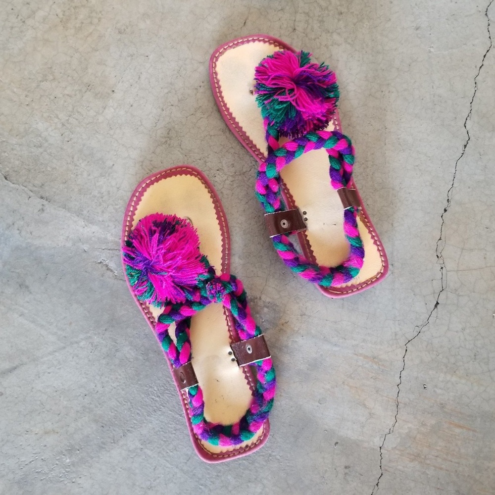 2 for $15 Boho Pom Pom Yarn Flat Sandals